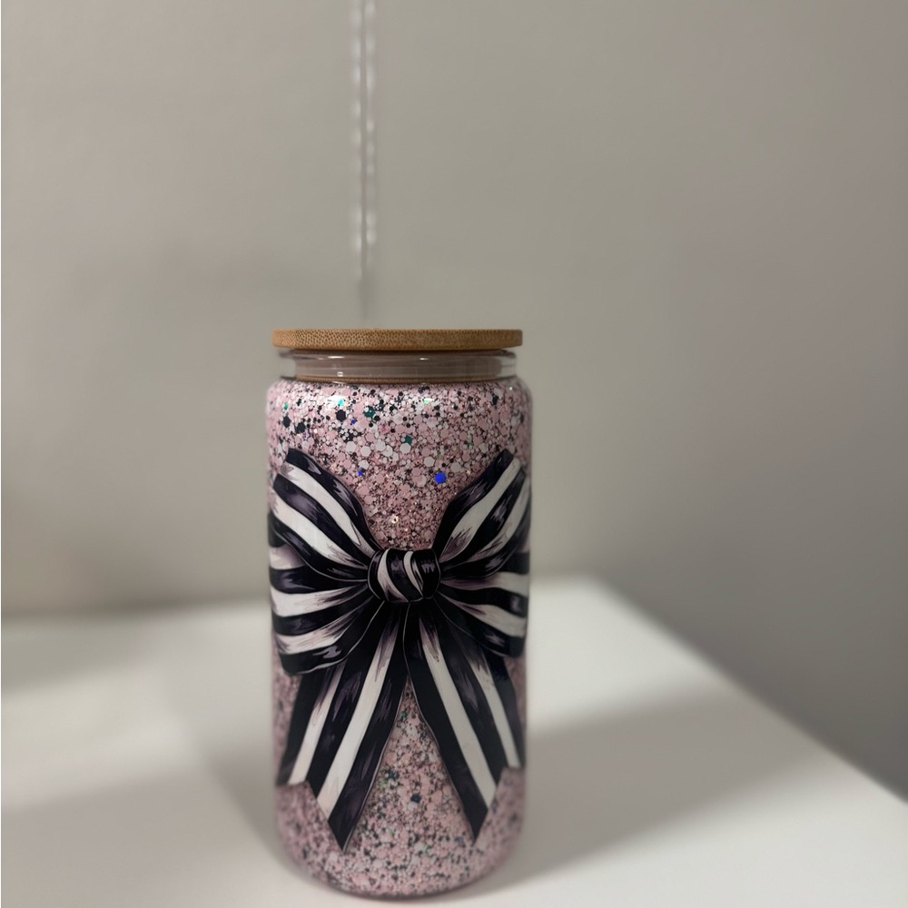 Pink Decorative Snowglobe with Black and White Ribbon